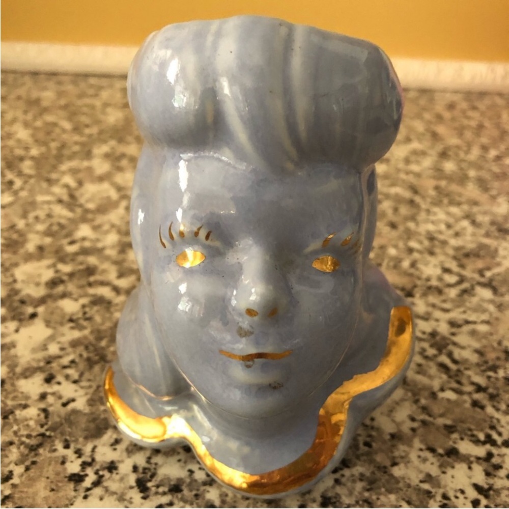 Vase glamour girl head planter lady blue gold ceramic pastel Vintage 1950s - Picture 3 of 9
